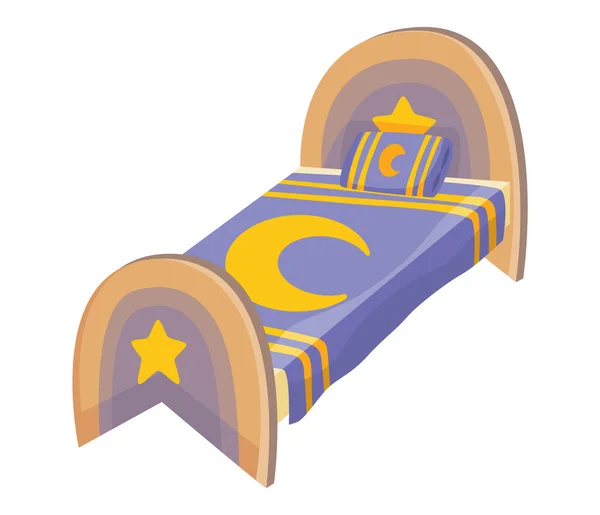 Sängkarikatyr. Vektor illustration av färgsäng med kudde och lock. Ikonen för möbler — Stock vektor