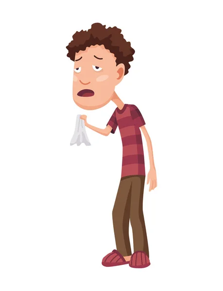Influenza hideg. Influenza vagy megfázás elleni kezelés otthon. Egy férfi zsebkendővel a kezében. Szezonallergia. Allergia beteg vagy influenza koncepció — Stock Vector