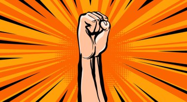 El yumruğu. Komik bir geçmişi olan yükseltilmiş kol yumruğu. Vektör ikonu düz sembolünü uzat. Kazanan ilk vektör işareti kavramı