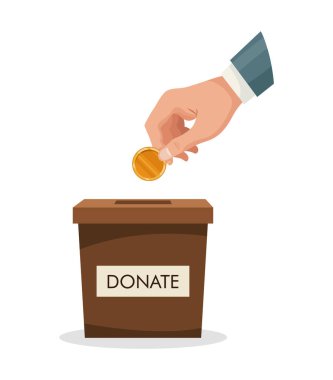 İnsan eli ile bağış kutusu altın para, para. Adam kutuya altın para atıyor. Bağış yapmak, bağış yapmak.