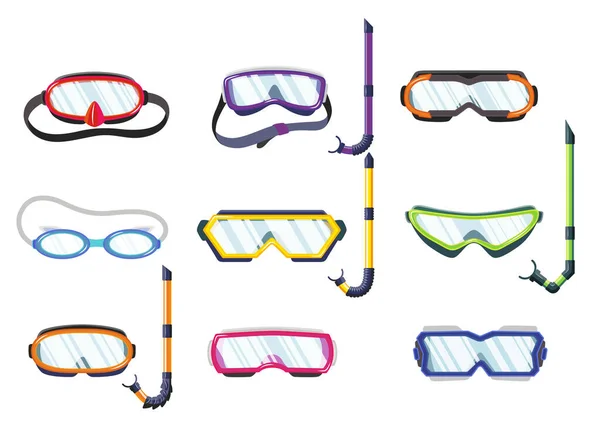 Máscaras de snorkel para bucear y nadar de diferentes tipos. Ilustración de buceo, máscaras de natación con snorkel y gafas. Equipo de buceo realista para vacaciones de verano — Vector de stock