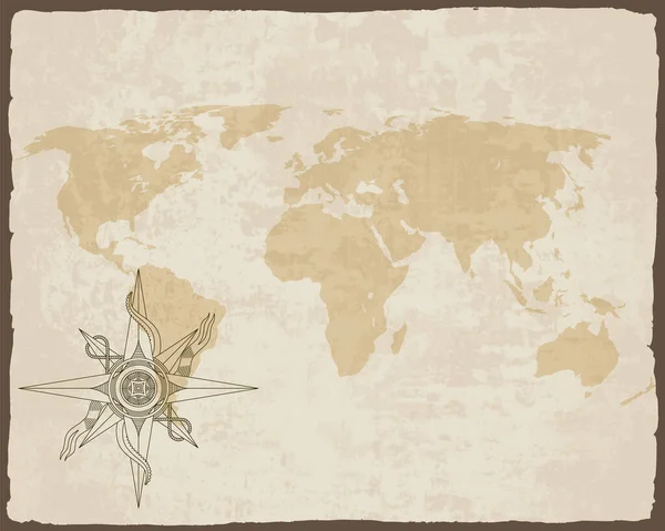 Retro námořní kompas na staré papírové mapě světa s potrhaným rámečkem. Ručně kreslené starožitné námořní staré vektorové pozadí. Větrná růžice pro námořní plavbu. Navrhnout šablonu pro téma moře — Stockový vektor