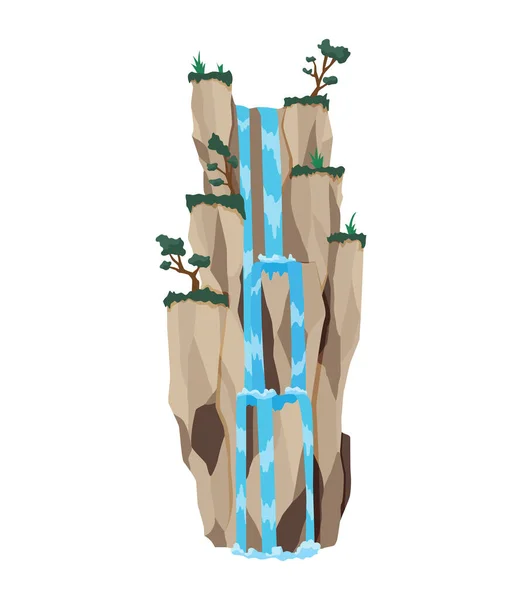 Cartoon River Kaskade Wasserfall. Landschaft mit Bergen und Bäumen. Gestaltungselement für Reisebroschüre oder Illustration Handyspiel. Natürliches Süßwasser — Stockvektor