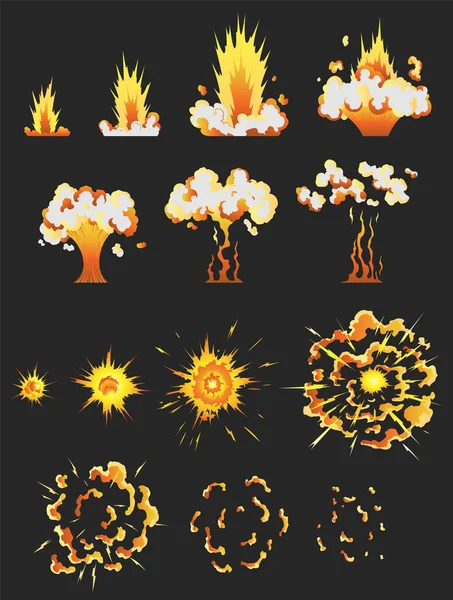 Animación para el juego del efecto explosión en marcos separados. Diseño de cómics de guion gráfico Boom. Ilustración vectorial dibujada a mano — Archivo Imágenes Vectoriales