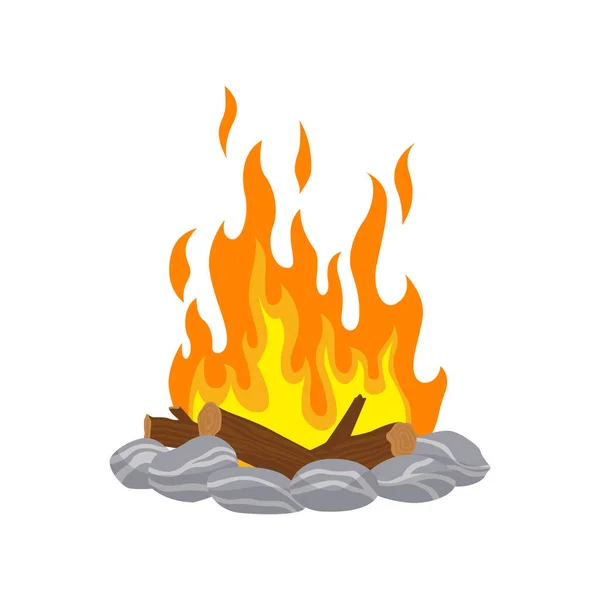 캠프파이어 화재. 불을 피우는 여행 과 모험의 상징. 벡터 모닥불 (Vector bonfire) 또는 나무 불 (woodfire) 은 만화의 평평 한 형태이다. 돌경계에 있는 한 관광객의 모닥불 — 스톡 벡터