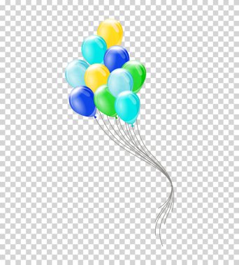 Helyum balonları. Şeffaf arkaplanda izole edilmiş bir grup renkli helyum balonu. Parti gerçekçi uçan balon seti. Vektör renk tasarımı ögesi