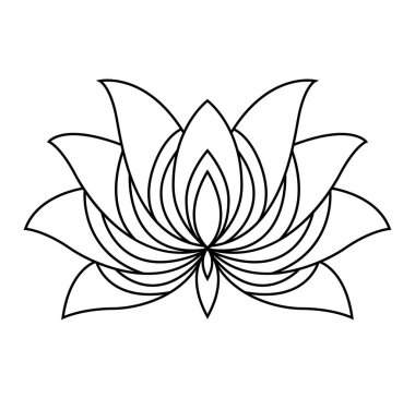 Lotus ikonu. Tek renkli çiçek açan çiçek. El yapımı lotoların beyaz arka planda izole edilmiş çiçek çizimi. Renkli bitkinin siyah doğrusal taç yaprakları