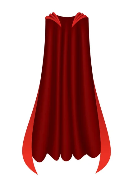 Un mantello rosso da supereroe. Mantello in seta scarlatto in vista frontale. Vestito di carnevale o mascherato. Costume realistico. Mantella volante di seta — Vettoriale Stock