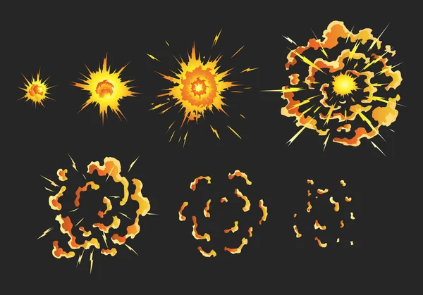 Animazione per gioco dell'effetto esplosione in strutture separate. Animazione dei cartoni animati per gioco. Cornici ad effetto esplosivo. Illustrazione del vettore disegnato a mano — Vettoriale Stock