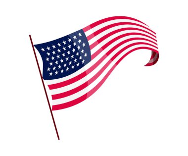 El sallayan bayrak. Beyaz arka planda Amerikan bayrağı. Ulusal bayrak sallama sembolü. Sancak tasarım ögesi