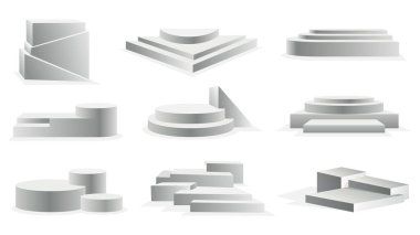 Podyum gerçekçiliği koleksiyonu. Gösterim odası kaidesi sahne platformu vektör izole edilmiş maketi. Üç boyutlu, basamaklı boş podyumlar. Ürün, tanıtım satışı veya sunum için vitrin kavramı