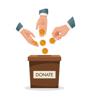 İnsan eli ile bağış kutusu altın para, para. Adam kutuya altın para atıyor. Bağış yapmak, bağış yapmak.