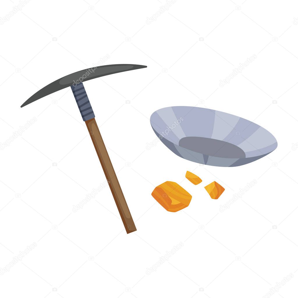 Wild west flat icon. Accessorie or object game and app ui icon. Pickaxe with a bowl for gold mining