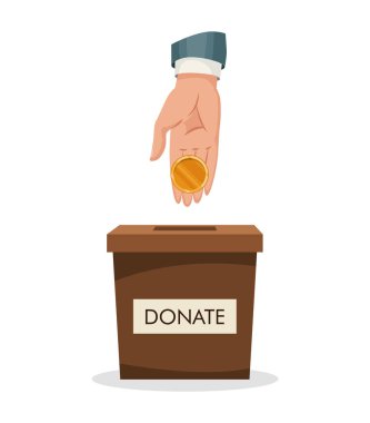 İnsan eli ile bağış kutusu altın para, para. Adam kutuya altın para atıyor. Bağış yapmak, bağış yapmak.