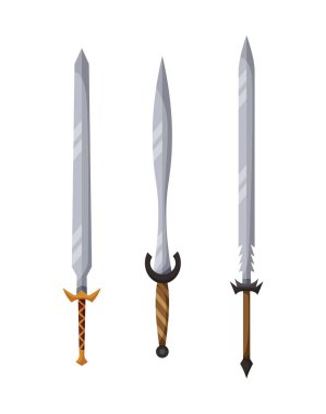 Ortaçağ silah koleksiyonu. Antik silahlar, savaş ve habercilik kavramı. Melee silah ikonlarının tasviri. Dünya arbede silahları. Beyaz arkaplanda izole edilmiş sembol