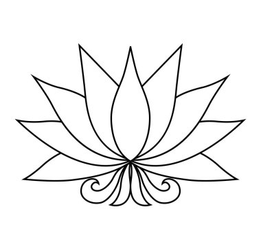 Lotus ikonu. Tek renkli çiçek açan çiçek. Beyaz arka planda siyah bitki yaprakları. Ağ için çiçek, su bitkisi vektör elementi. Renk biçimi