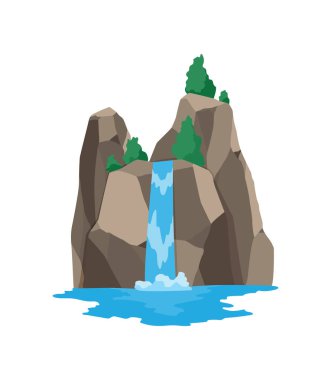 Karikatür nehri şelalesi. Dağlar ve ağaçlarla kaplı bir manzara. Seyahat broşürü veya illüstrasyon mobil oyunu için tasarım ögesi. Taze doğal su