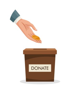 İnsan eli ile bağış kutusu altın para, para. Adam kutuya altın para atıyor. Bağış yapmak, bağış yapmak.