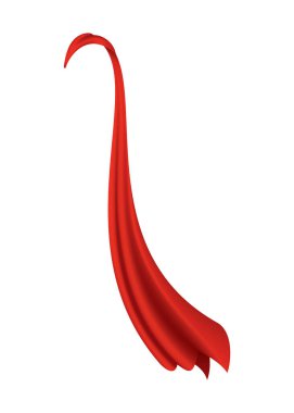 Süper kahraman kırmızı pelerin. Kırmızı kumaştan ipek pelerin yan görüş alanında. Karnaval ya da maskeli balo elbisesi. Gerçekçi kostüm tasarımı. İpek uçan pelerin