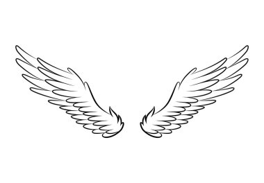 Klasik kraliyet kanatları skeci. Doodle stilize kuş kanatları. Elle çizilmiş stiker kanadı açık pozisyonda. Renk biçiminde tasarım ögeleri
