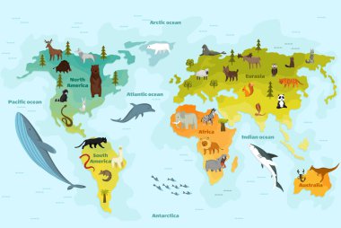 Farklı hayvanlarla dolu bir dünya haritası. Kıtaları, okyanusları ve bir sürü komik hayvanı olan çocuklar için komik bir çizgi film afişi. Çocukların anaokulu eğitimi için malzemeler