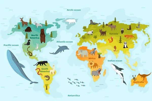 다른 동물 과 함께 세계 지도를 만들었습니다. 대륙, 바다, 그리고 수많은 재미있는 동물을 가진 아이들을 위한 만화 깃발. 미취학 아동을 위한 재료 — 스톡 벡터