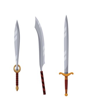 Ortaçağ silah koleksiyonu. Antik silahlar, savaş ve habercilik kavramı. Melee silah ikonlarının tasviri. Dünya arbede silahları. Beyaz arkaplanda izole edilmiş sembol