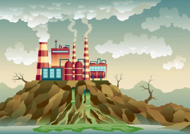 İçinden duman çıkan borular olan bir bitki. Nehir suyuna atık emisyonu. Ekolojik felaketlerle dolu bir manzara. Doğa ekolojisi elementleri ve ekoloji problemi kavramı düz stilde