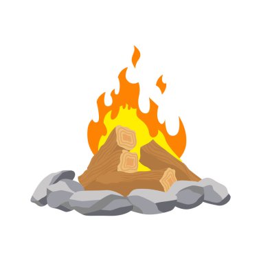 Şömine kamp ateşi. Yanan ateş seyahati ve macera sembolü. Vektör şenlik ateşi ya da çizgi film tarzı tahta ateşi. Taş sınırında bir turist şenlik ateşi