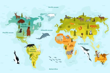 Farklı hayvanlarla dolu bir dünya haritası. Kıtaları, okyanusları ve bir sürü komik hayvanı olan çocuklar için komik bir çizgi film afişi. Çocukların anaokulu eğitimi için malzemeler