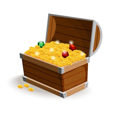Hazine sandığı izometrik çizgi filmi. Altın para ve mücevherlerle dolu tahta bir kutu. Değerli hazineler, kristaller, mücevherler ve korsan sandığında altın paralar. Oyun kullanıcı arayüzü için yanılsama