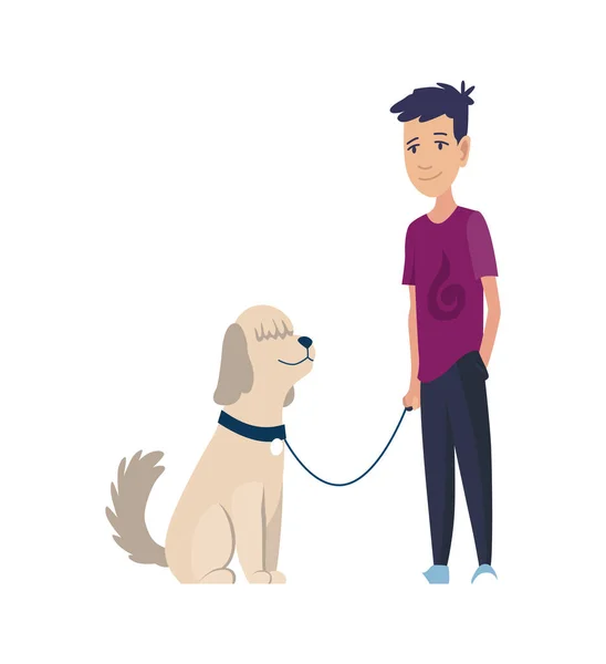 Rapaz feliz com um cão com um cão sentado numa coleira. Dono de animais. Bom amigo. Ilustração isolada vetorial de caráter plano — Vetor de Stock