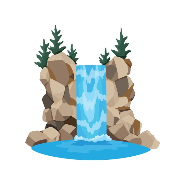 Cartoon-Wasserfall. Landschaft mit Bergen und Bäumen. Gestaltungselement für Reisebroschüre oder Illustration Handyspiel. Natürliches Süßwasser — Stockvektor