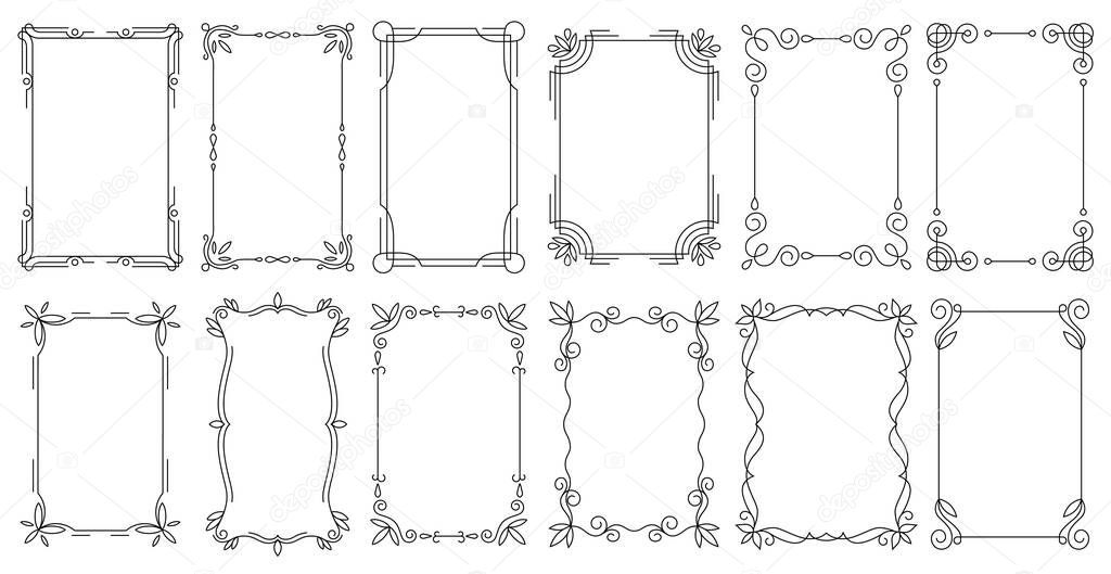 Decorative frames. Vintage calligraphic antique borders. Ornate calligraph rectangle frames, wedding elegant ornamental borders and filigree floral ornaments for framed certificate template