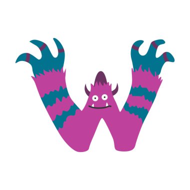 Canavar alfabesi sembolü. Canavar şeklinde İngiliz alfabesinin W harfi. Çocuklar renkli çizgi film beyaz arka planda izole edilmiş komik kurgusal karakter