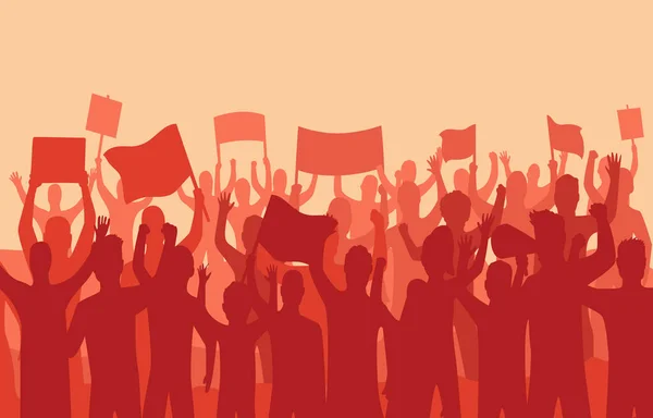 Manifestation pacifique et révolution. Silhouette d'émeutes protestant contre les manifestants avec des bannières et des drapeaux. Des gens sur la réunion, foule avec des banderoles. Illustration vectorielle du conflit — Image vectorielle