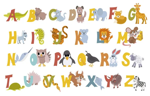 白い背景に孤立したAからZまでの英語の文字で動物のアルファベットベクトルセット。面白い手描きスタイルの文字。子供たちを学ぶ異なるかわいいおもちゃコレクションでベクトル — ストックベクタ