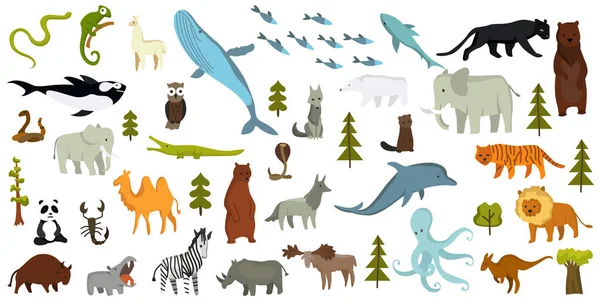 Colección de animales vector lindo. Animales dibujados a mano que son comunes en América, Europa, Asia, África. Set de iconos aislados sobre fondo blanco — Vector de stock