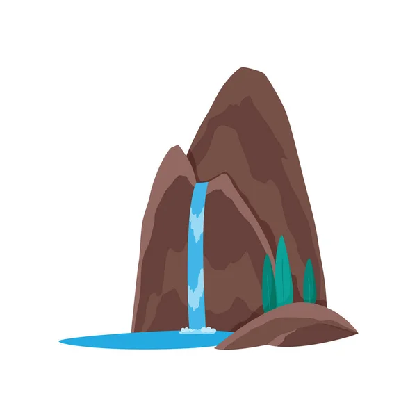 Cascada de río de dibujos animados. Paisaje con montañas y árboles. Elemento de diseño para folleto de viaje o ilustración juego móvil. Agua dulce natural — Archivo Imágenes Vectoriales