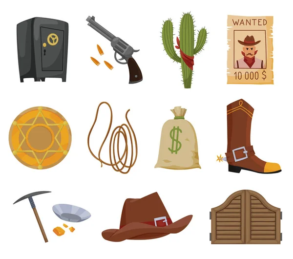 Coleção de ícones planos oeste selvagem. Acessórios e objetos jogo ou app ui ícone. Chapéu de cowboy, crachá de estrela de xerife, cartaz de recompensa, portão de madeira de salão — Vetor de Stock