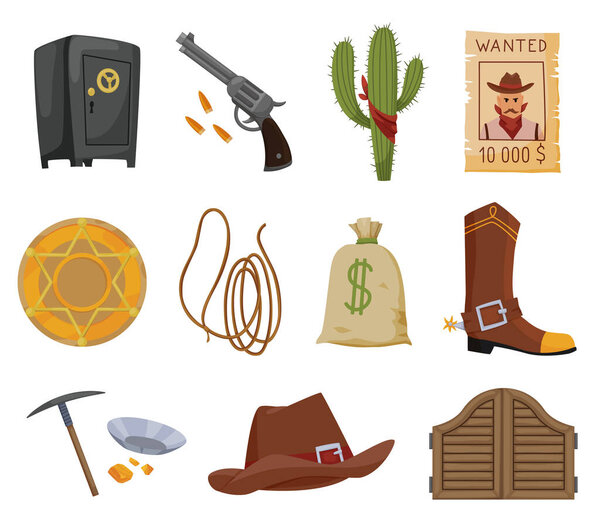 Collection of wild west flat icons. Accessories and objects game or app ui icon. Cowboy hat, sheriff star badge, wanted reward poster, saloon wooden gate