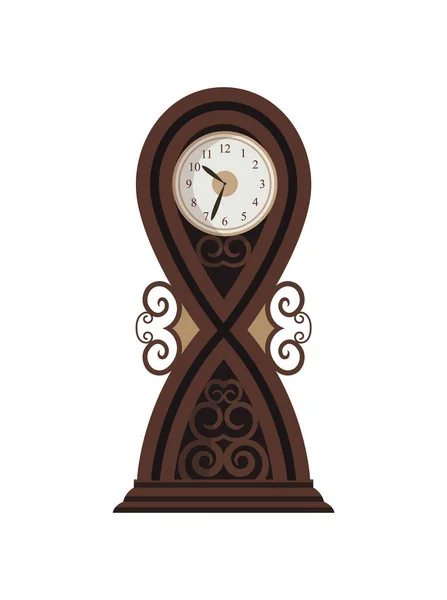 Horloge antique. Horloge traditionnelle au sol ou sur table avec décoration sculptée en bois. Bel objet vintage en style dessin animé. Vieille montre vectorielle icône isolée dans un design plat — Image vectorielle