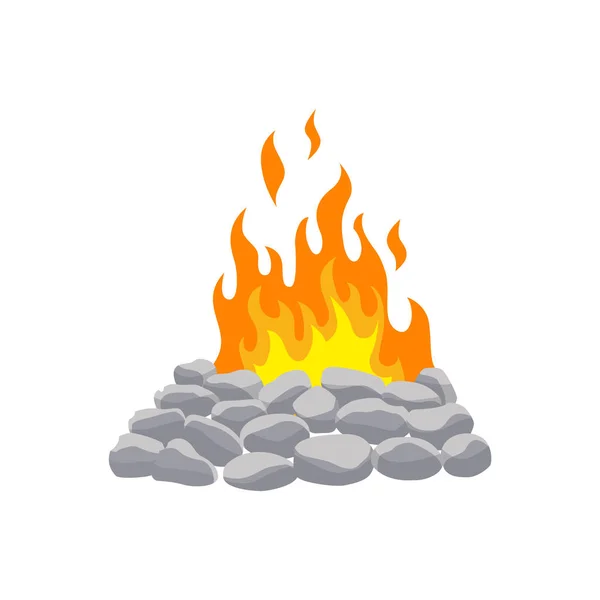 Cheminée feu de camp. Brûlant feu voyage et symbole d'aventure. Feu de joie vectoriel ou feu de bois dans le style plat de dessin animé. Un feu de joie touristique à la frontière de pierre — Image vectorielle