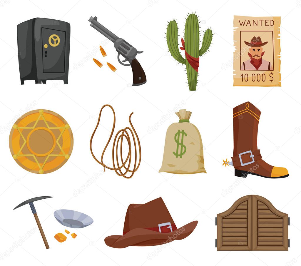 Collection of wild west flat icons. Accessories and objects game or app ui icon. Cowboy hat, sheriff star badge, wanted reward poster, saloon wooden gate