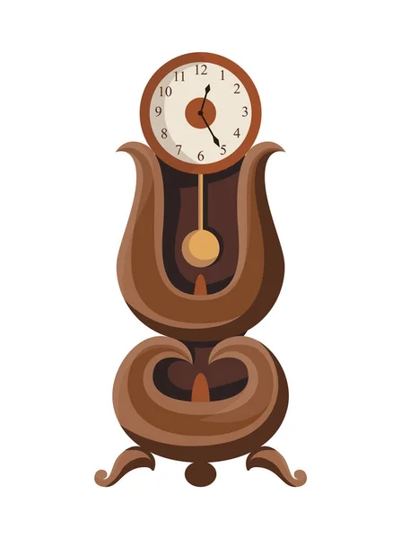 Ρολόι αντίκα. Παραδοσιακό δάπεδο ή τραπέζι στέκεται εκκρεμές ρολόι με σκαλιστό ξύλο διακόσμηση. Όμορφο vintage αντικείμενο σε στυλ κινουμένων σχεδίων. Διανυσματικό παλιό ρολόι απομονωμένο εικονίδιο σε επίπεδη σχεδίαση — Διανυσματικό Αρχείο