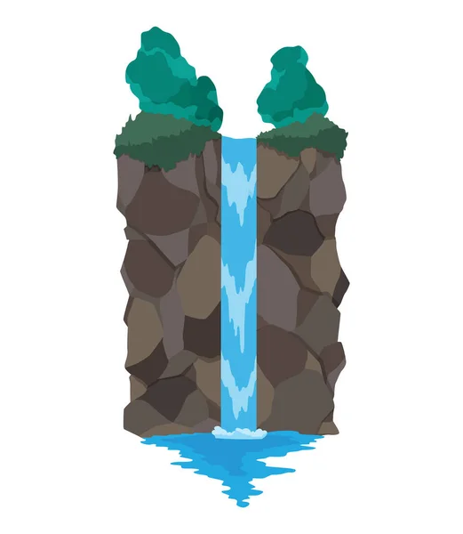 Karikatür nehri şelalesi. Dağlar ve ağaçlarla kaplı bir manzara. Seyahat broşürü veya illüstrasyon mobil oyunu için tasarım ögesi. Taze doğal su — Stok Vektör