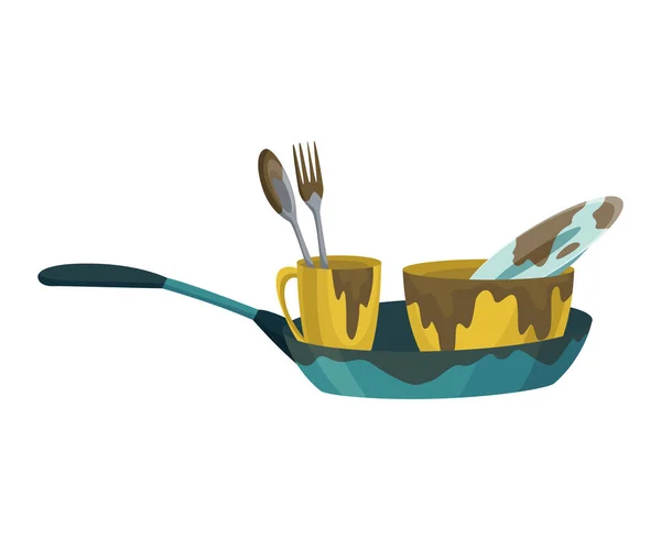 Schmutzige Teller und Tassen mit Fettflecken. Stapel von schmutzigem Küchengeschirr und Geschirr Vektor Flachset für Web-Design. Haushalts- und Geschirrkonzept — Stockvektor