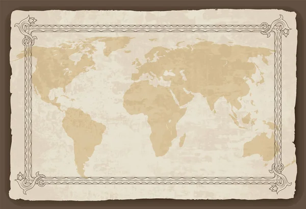 Ancienne carte du monde avec cadre. Bannière design rétro. Décoratif antique photo de musée. Élément pour thème marin et héraldique. Texture du papier vectoriel — Image vectorielle