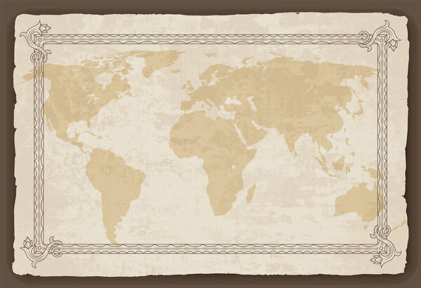 Old world map with frame. Retro design banner. Decorative antique museum picture. Element for marine theme and heraldry. Vector paper texture