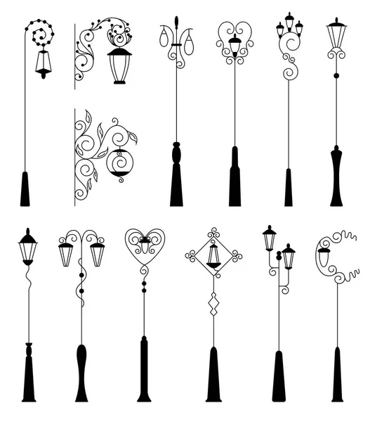 Réverbère, collection silhouettes noires. Lampadaire rétro de rue. Lumière vintage pour extérieur aristocratique. Poteaux de lampe décoratifs vectoriels — Image vectorielle